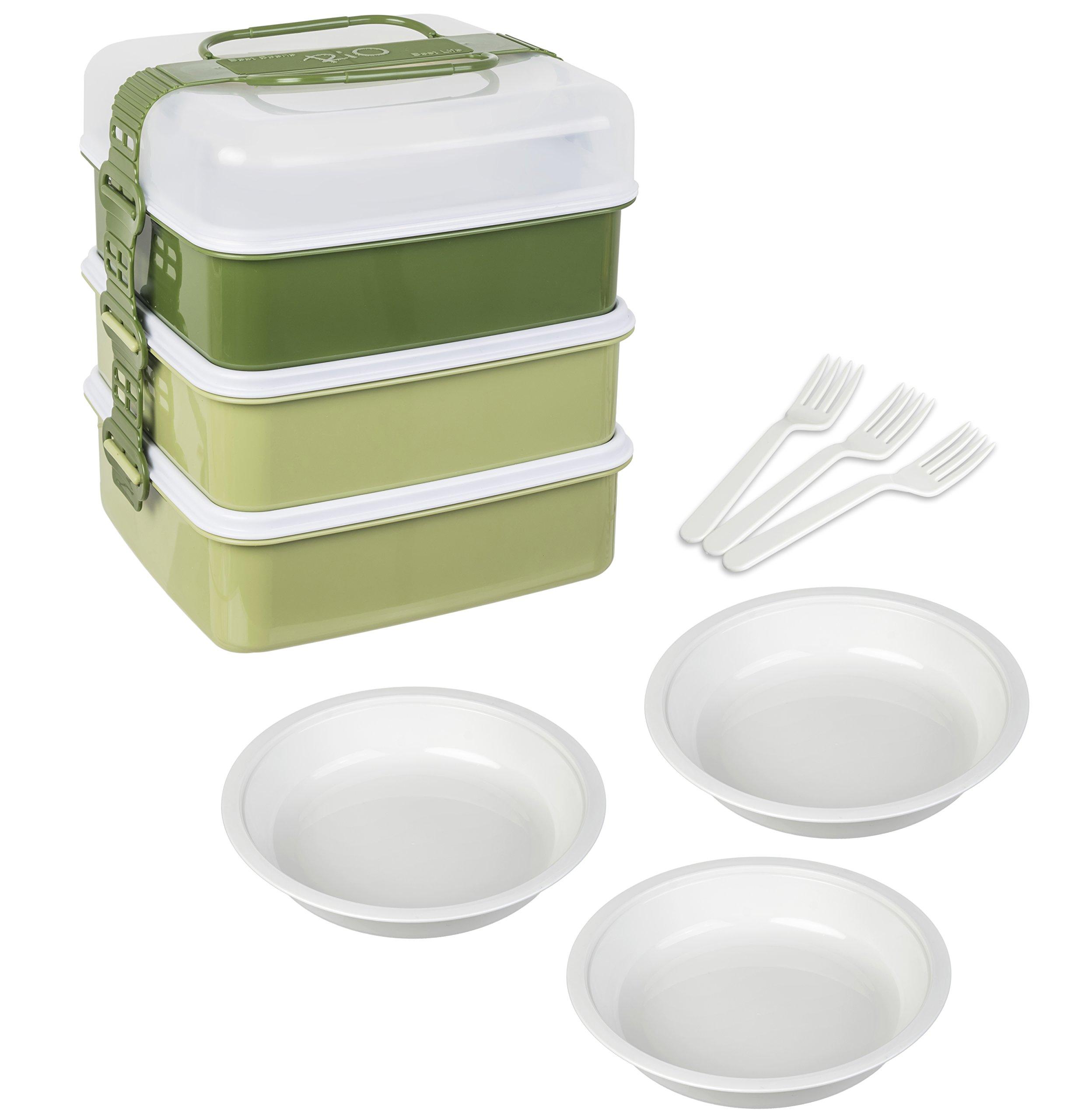 

Sanko Plastic Lunch Box Picnic Case Rio Pack 3 Tier with 3 Side Plates and 3 Forks Earth Green Width x Depth 22 x Height 25cm L-Shaped Approx. 23.3