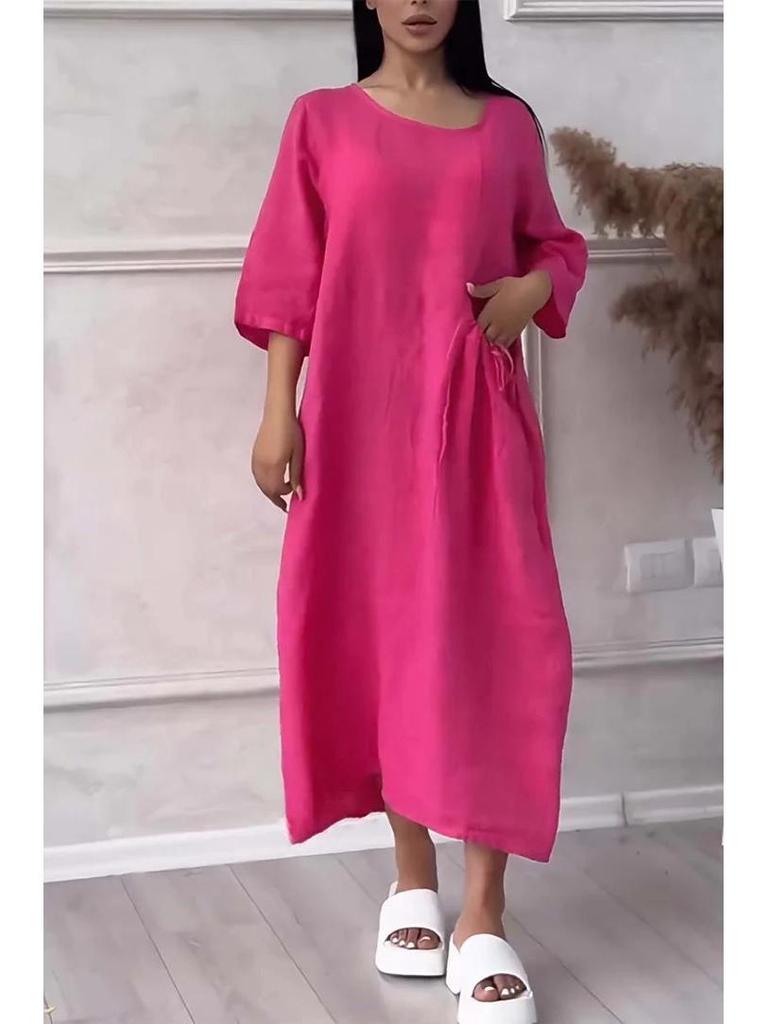 2024 Women's Cotton Linen Solid Colored Casual Button Long Dress with Round Neck