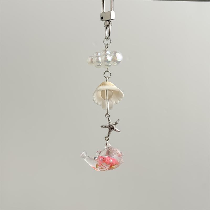 Stylish Shells And Pearls Pendant Keychain Ocean Pentagram Phone Strap Charm Cute Beaded Cell Phone Strap Bag Keychain