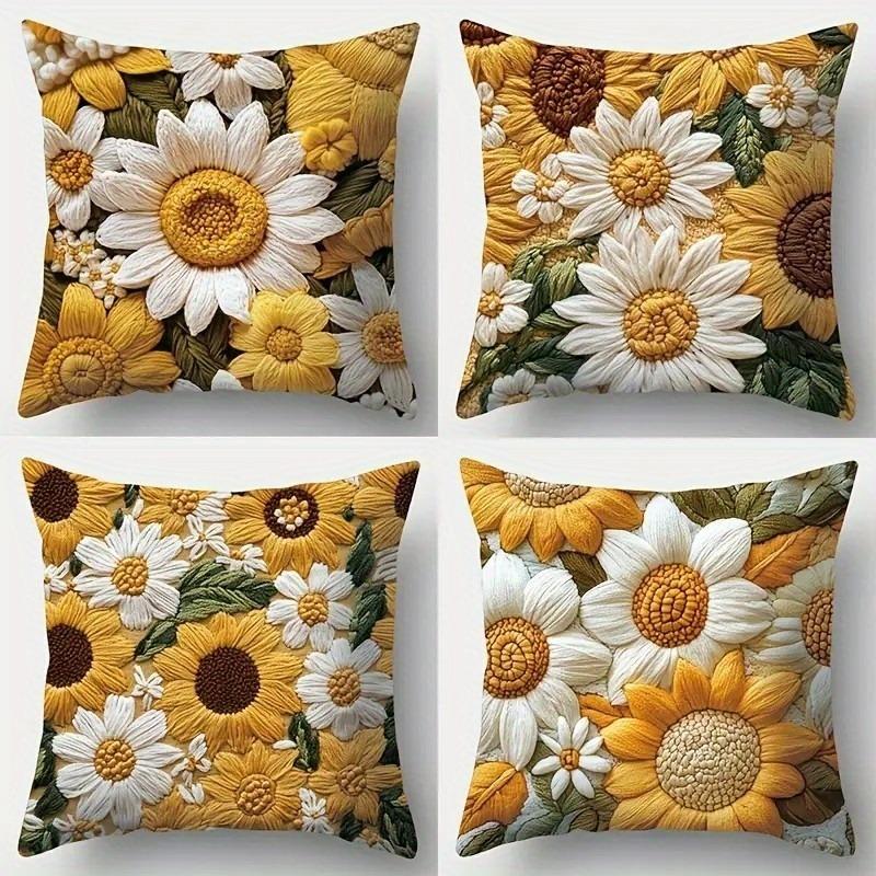 3D Embroidered Daisy Pattern Home Decor Pillowcase Living Room Sofa Polyester Cushion Cover with Zipper
