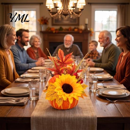 Indoor Seasonal Decorations Artificial Pumpkin Table Centerpiece with Sunflowers Maple Leaves And Pine Rustic Thanksgiving Decor Cones, Halloween Foam