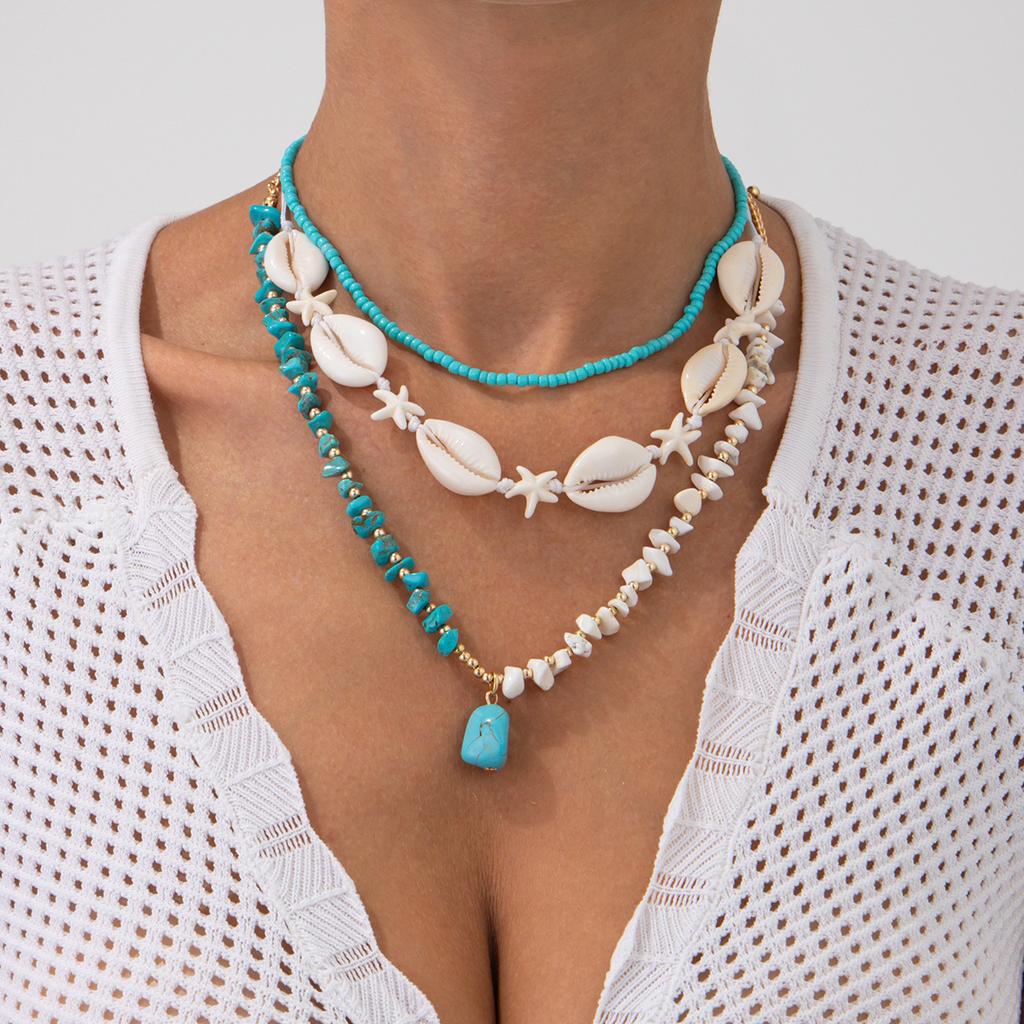 Ocean Wind Shell Conch Fringed Multi-Layer Necklace, Stacked With Soft Pottery Pieces Starfish Necklace Women