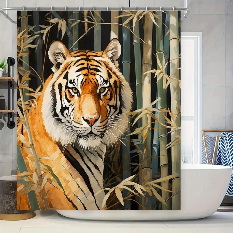 Artistic Tiger Shower Curtain Bamboo Forest Design for Bathroom Decorations Modern Animal Print Home Decoration Waterproof Fabri