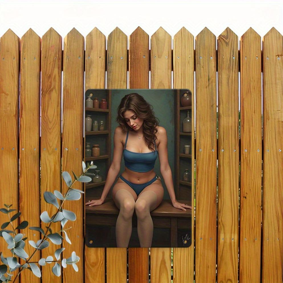 Vintage Blue Bikini Lady Metal Wall Art Decor, Waterproof Hanging Sign for Home Kitchen Bar Bathroom