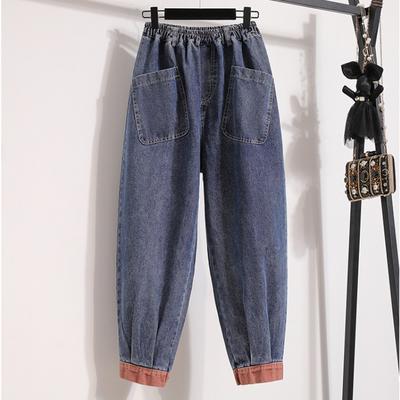 Plus Size Women Jeans Pants Vintage Denim Harem Splice Female Elastic Basic Blue High Waist Trousers Oversize Fashion New Pants 5XL