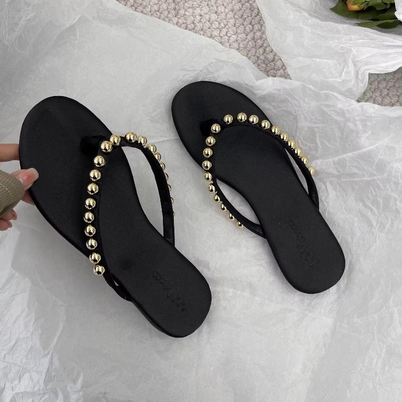 Fashion Fashion Pearls Beach Flip Flops for Women 2025 Summer Clip Toe Flat Slides Sandals Woman Comfortable Non Slip Outdoor Slippers
