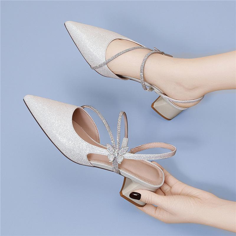 Pointed empty single shoes women's thick heel new summer French Mary Jane shoes with high heel bag head sandals