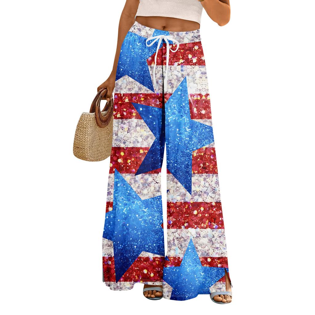 Women Summer Boho Palazzo Pants High Waist Wide Leg Independence Printing Casual Trousers With Pockets