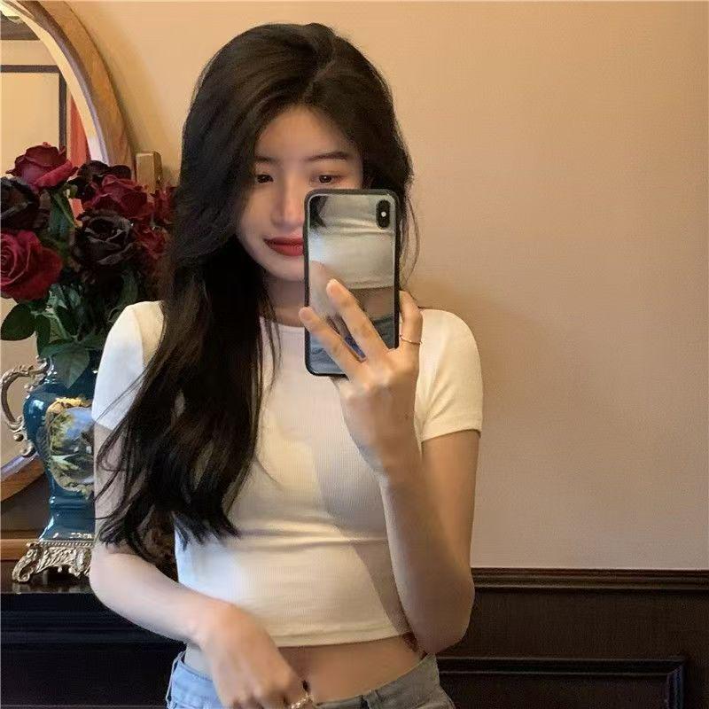 Korean Style Women's Slim Fit Short Sleeve T-shirt - Summer 2026 New Arrival, Solid Color, Trendy Design