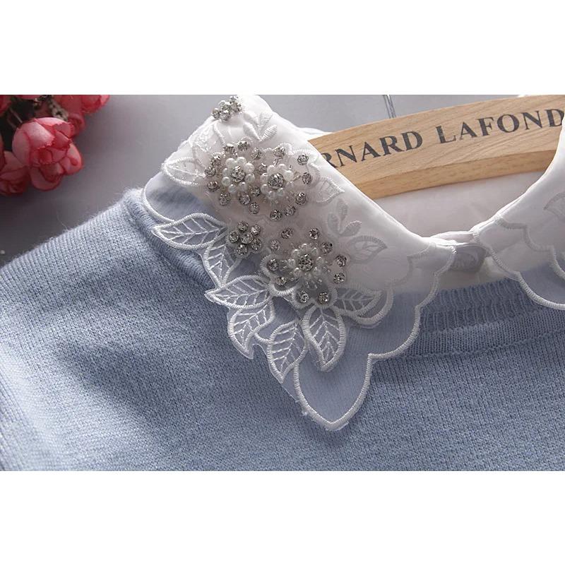 Women White Fake Collars Lace Mesh Floral Blouse Half Shirt Top Detachable Collar Femme Removable Beads False Collars Accessory