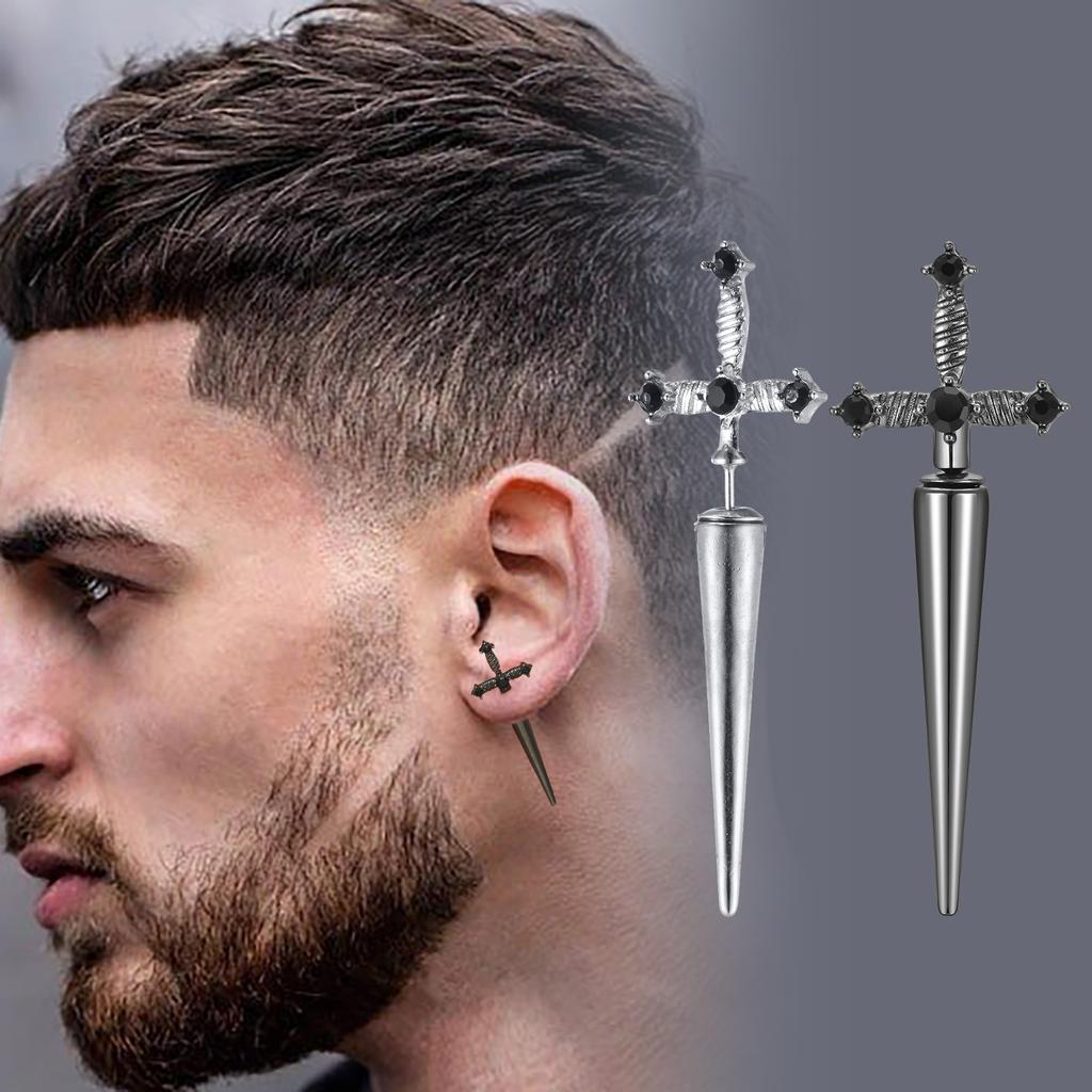 Gothic Sword Shaped Earrings for Men Boys,Metal Black Stone Cross Studs Earrings,Rock Punk Zircon Anniversary Birthday Gifts
