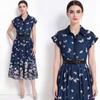 Summer Turn Down Collared Short-Sleeve Midi Dress Women's Elegant Butterfly Print Rangle Sleeve Slim Shirt Dress