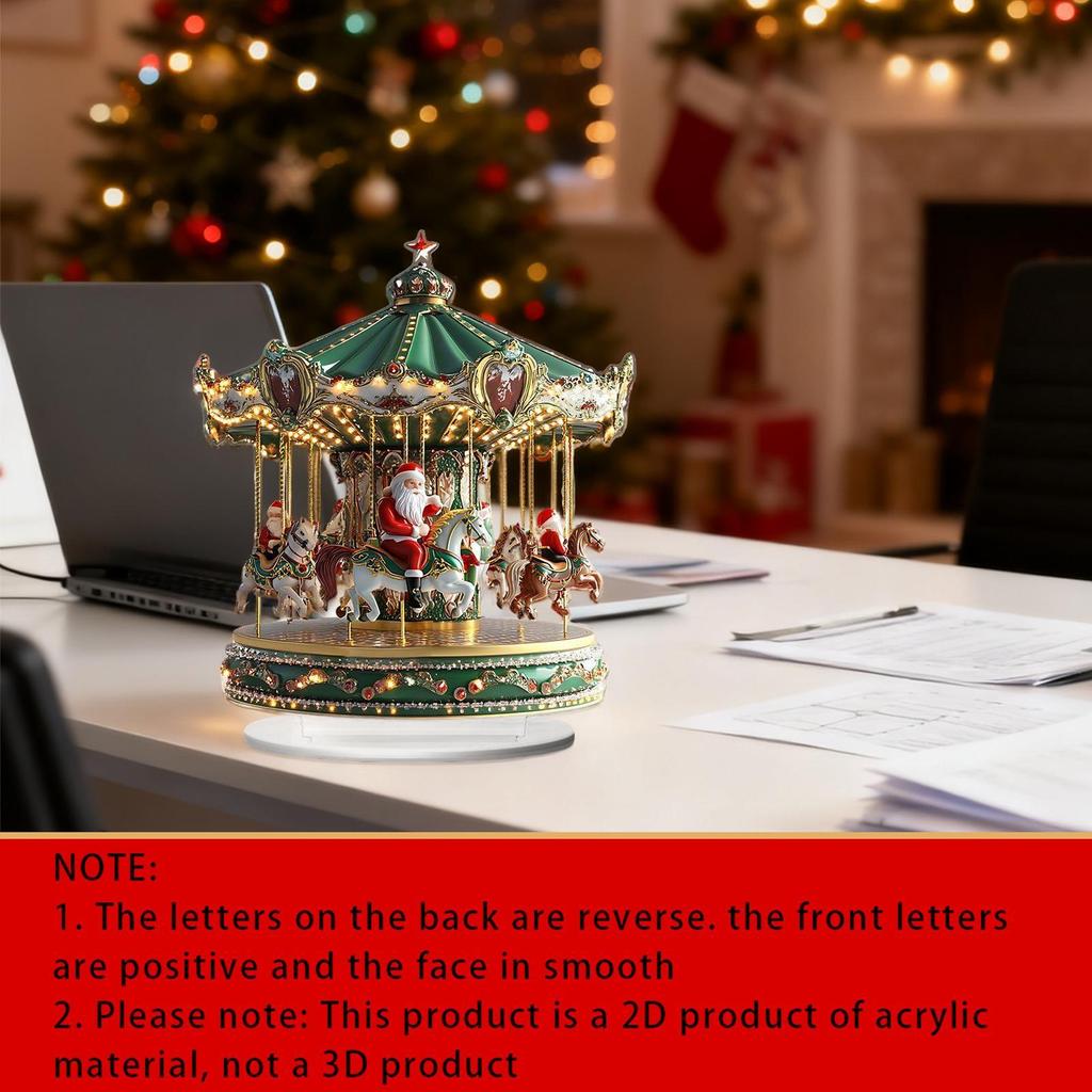 Christmas Carousel Acrylic 2D Home Decor with Santa Claus Go Round Merry Christmas Scene Figurine for Shelf Window Cafe Bedroom
