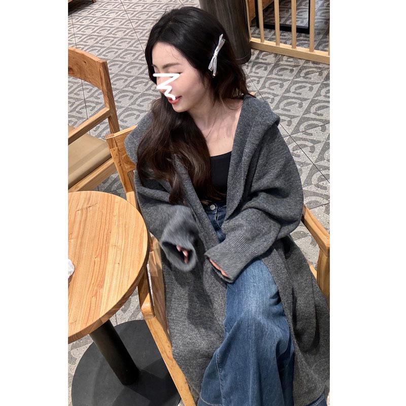 

Корейский длинный вязаный кардиган с капюшоном для женщин - Осень/Зима Оверсайз, Приталенный, Стиль до колена L for 105-115 jin