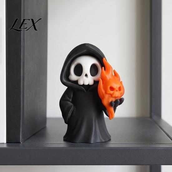 Small Gothic Room Accessories Cute Grim Reaper Halloween Figurine, 3D Printed Spooky Little Fun Party Tabletop Ornaments Statue with Flame Skull,