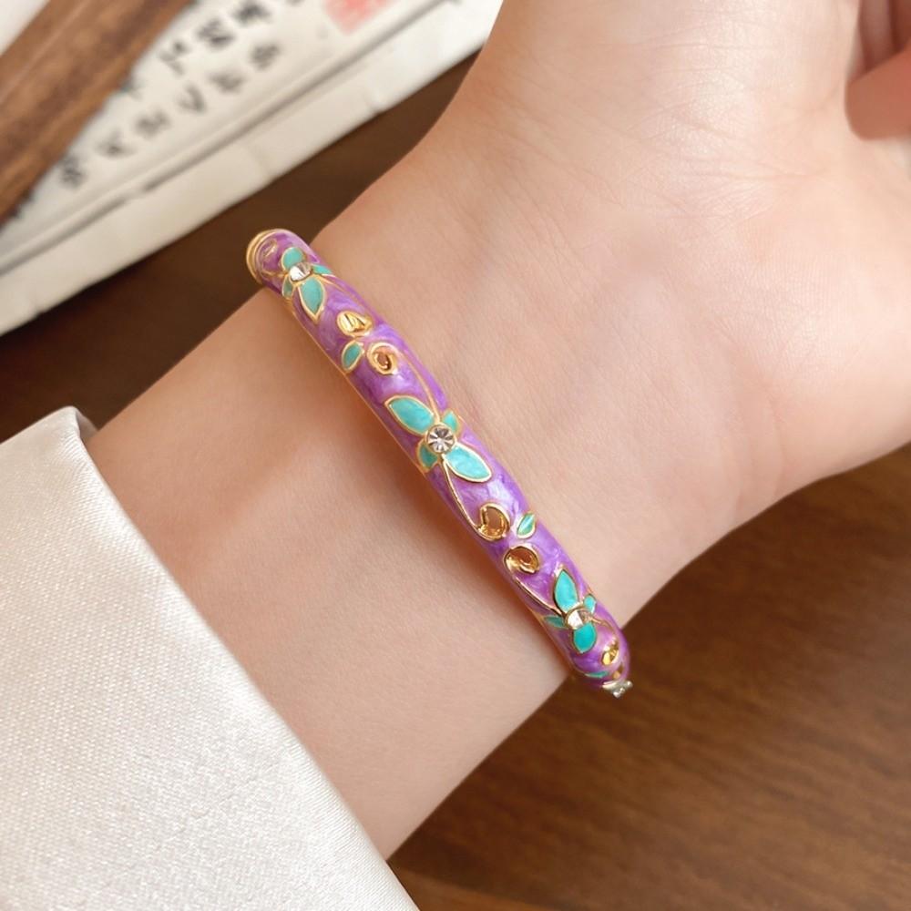 Traditional Chinese Flower Bangle Enamel Women's Hand Bracelet Vintage Cloisonne Bangle Ladies