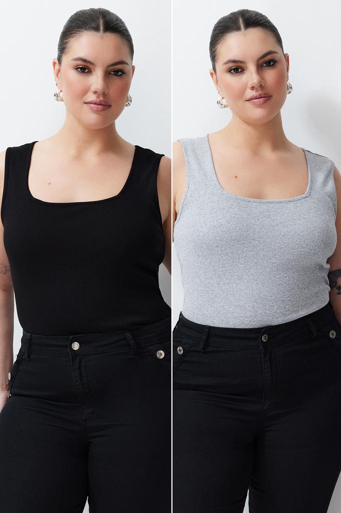 Women's Style Plus Size Mink-Indigo Basic Ribbed 2 Pack Square Collar Knitted Undershirt