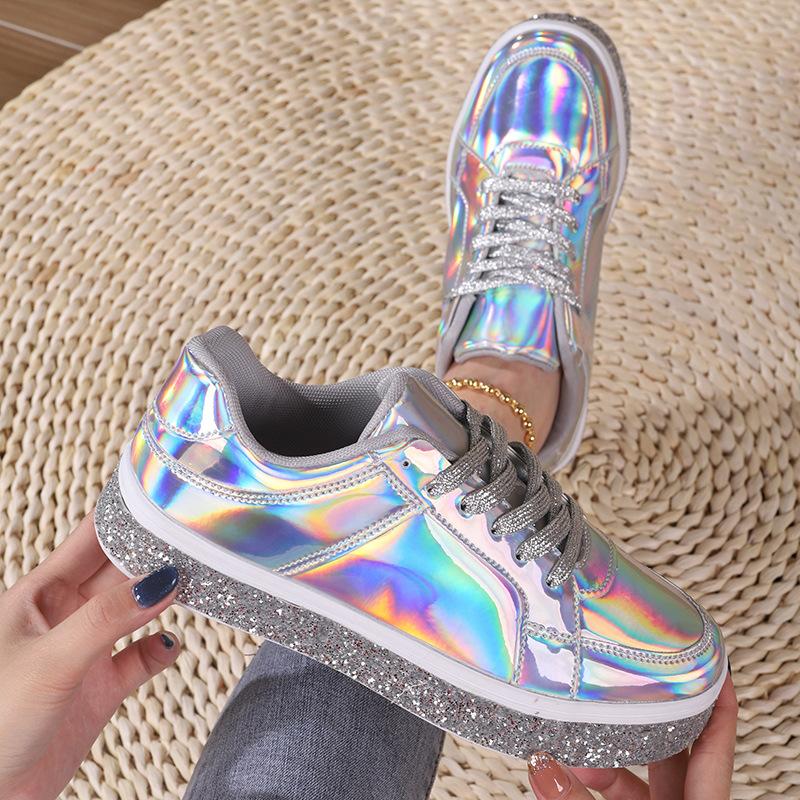 Trendy Casual Plateau-Sneakers im koreanischen Stil Neue glänzende Mode Low-Top-Schnürschuhe flache Schuhe Paar Modeschuhe