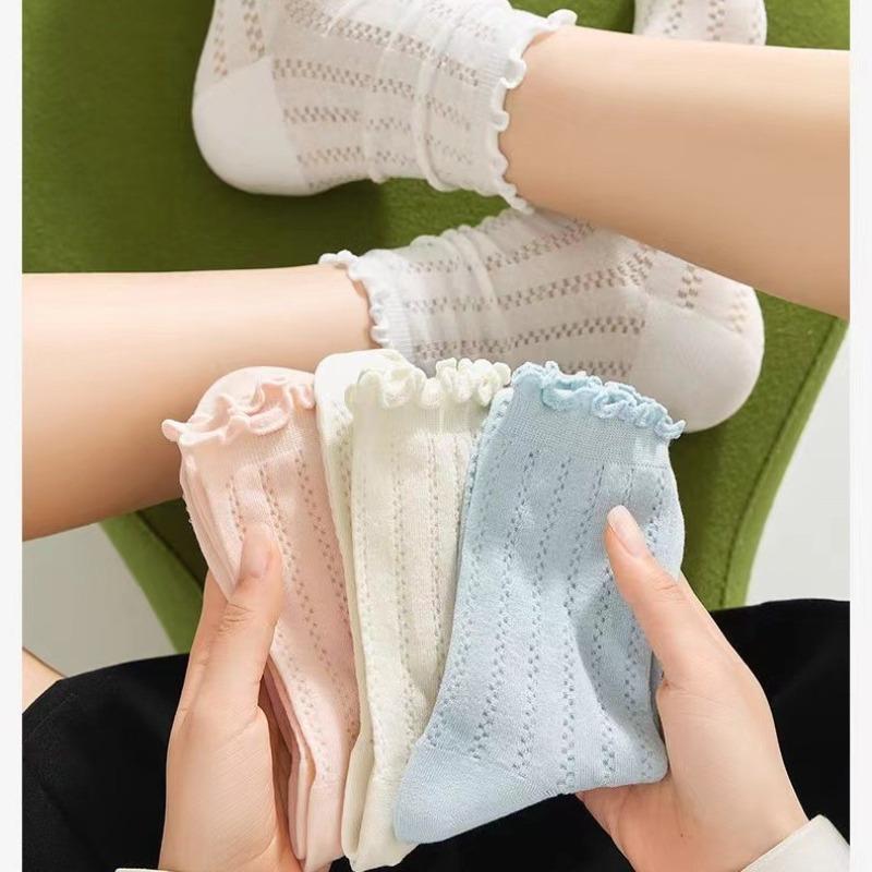 5 Pairs Ballet Style Hollow Mesh Wooden Ear Lace Socks Summer Thin Section of Boneless Mid-calf Socks Candy-coloured Stacked Socks
