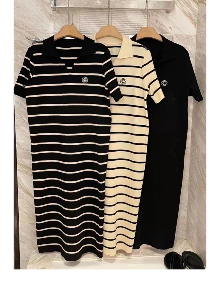 Women's Summer French Stripe Polo Dress - Short Sleeve, Embroidered, Knit, Stylish Loose Fit, Niche H-Line Design, New Arrival
