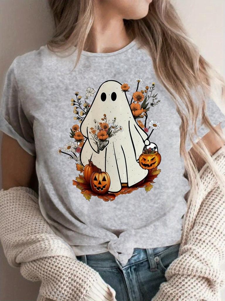 Cute Ghost Halloween Floral Pumpkin T-shirt