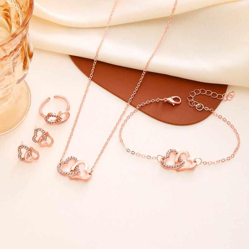 Elegant Double Heart Necklace & Bracelet Jewelry Set - Luxury Bridal Collection