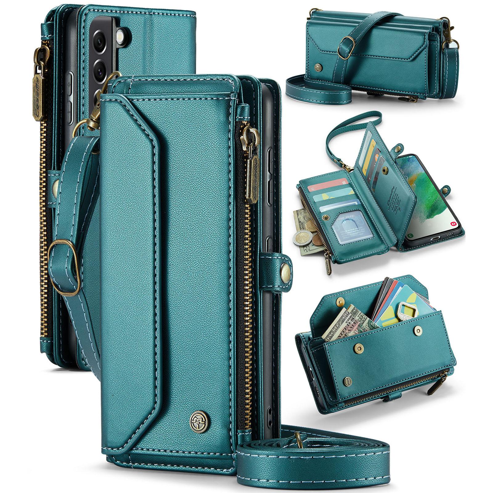 

For Samsung Galaxy S21 FE 5G Leather Case CASEME C36 Zipper Multiple Card Slots Phone Cover with Straps Green