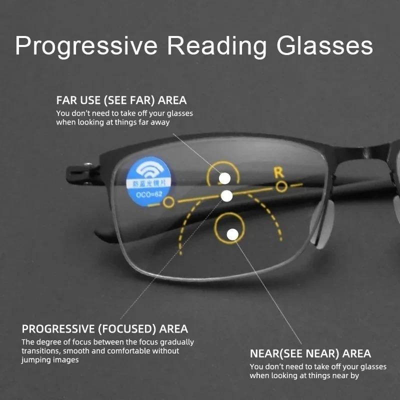 Progressive Reading Glasses Multifocal Anti-blue Light Glass Glasses Half Frame Metal Alloy Men and Women +1.0 +1.5 To +4.0