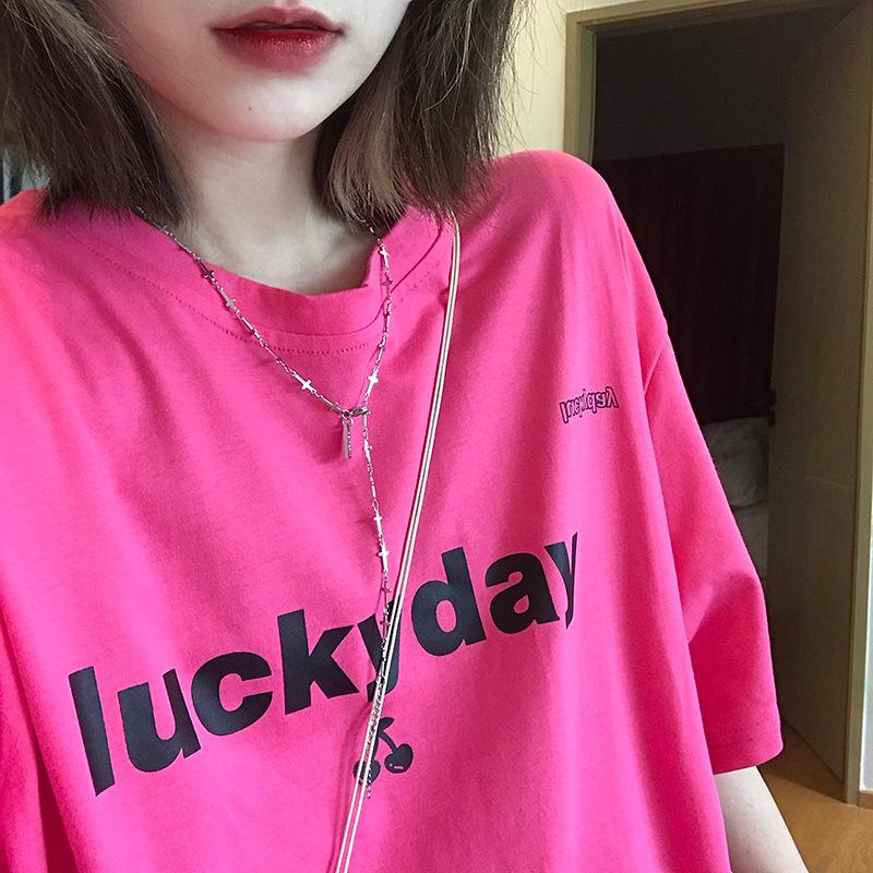 Summer short-sleeved medium and long T-shirt girl's new loose Harajuku ins solid color bottomed half-sleeved top