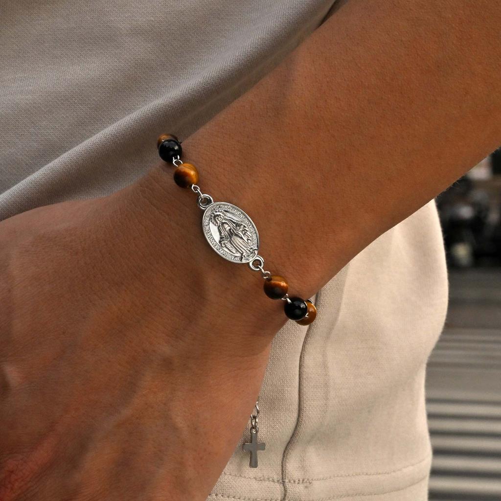 Trendy Stainless Steel Virgin Mary Cross Pendant Tiger Eye Stone Black Agate Natural Stone Bracelet for Men Classic Jewelry