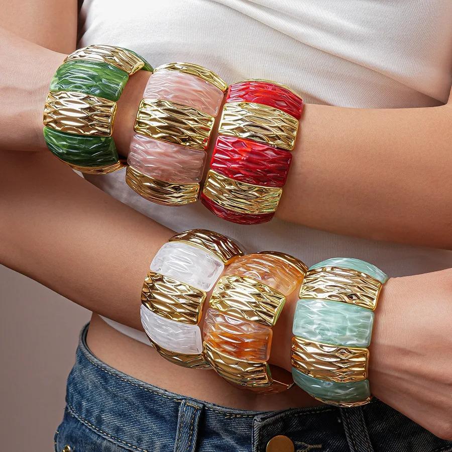 Acrylic Square Pattern Bangle for Women Elastic Rope Splicing Bracelet Geometric Irregular Wide Jewelry Gift