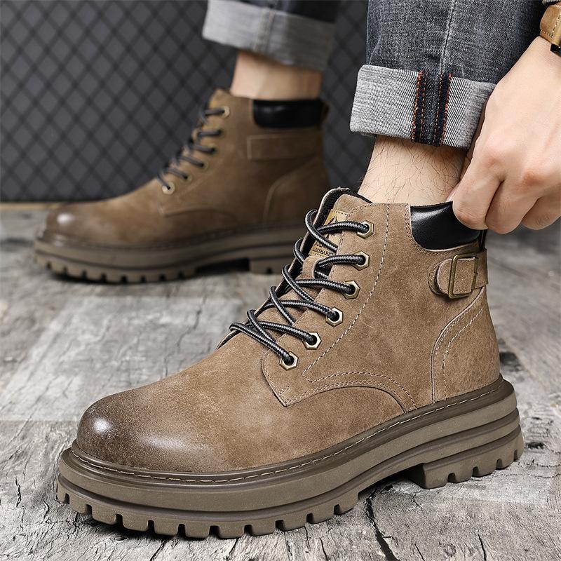 Autumn Winter Buckle Designer Platform Boots for Men New Fashion Casual Work Shoes Male Solid Color Yellow Leather Boots Man