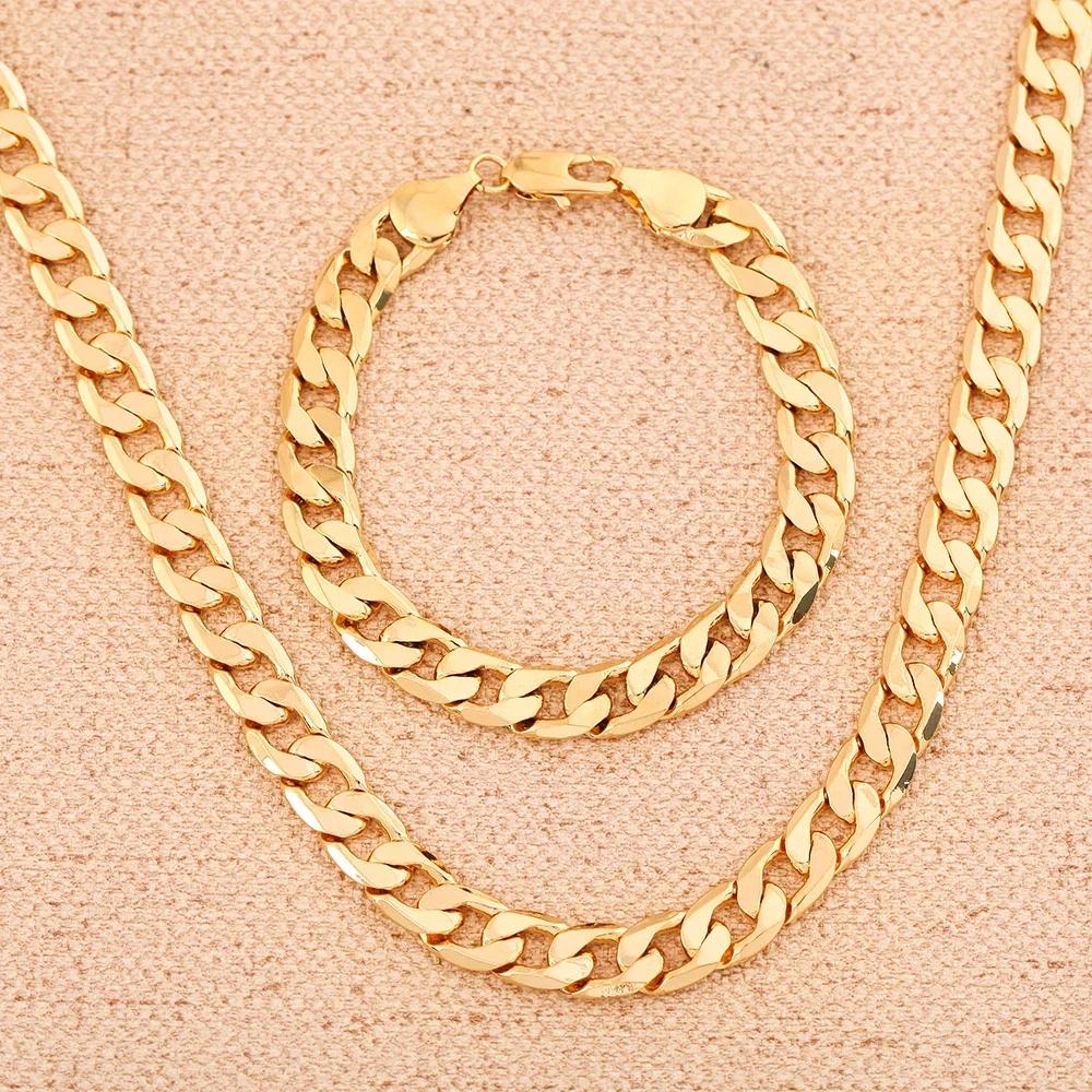 New   Copper 18K Gold Color 6MM Chain Bracelet Neckalce for Women Men Wedding Jewelry Set  Valentine's Day Gifts