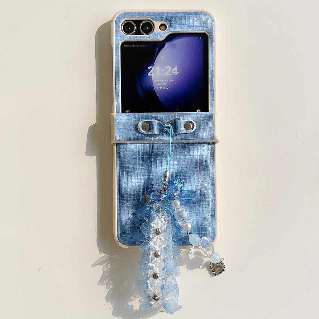 For Samsung Galaxy Z Flip5 5G Cross Texture PU Leather+PC Phone Case with Lace Beaded Pendant