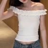 Sexy Pure Desire Wind One-word Shoulder Fungus Edge White T-shirt Women's Summer Slim and Thin Chic Short Button Top
