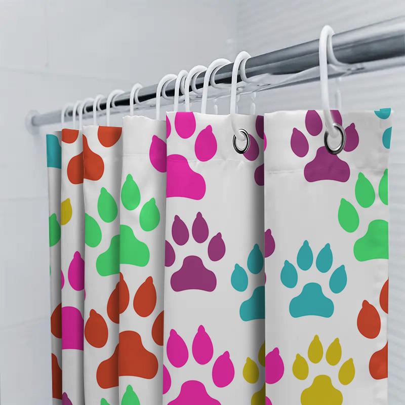Brightly Colored Animal Paw Print Shower Curtain Set Waterproof Fabric With Hook Rings For Bathroom Decor