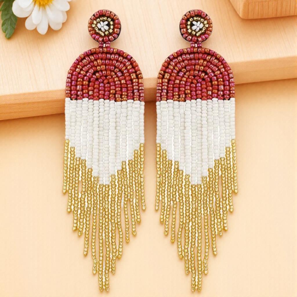 Beaded Tassel Dangle Earrings Long Handmade Bohemian Statement Drop Earrings for Women Fashion Jewelry Gift