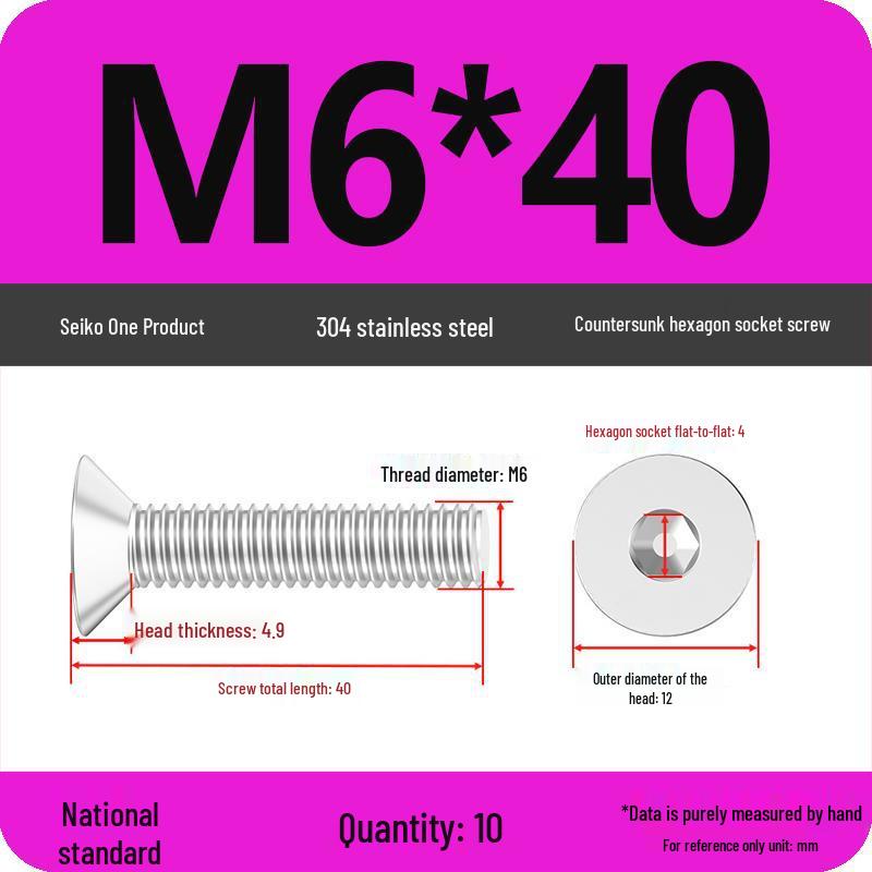 M2-M10 Stainless Steel Flat Head Machine Screws and Bolts Set, Countersunk Hex Socket Cap, 304 Grade.