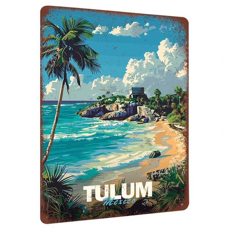 Tulum Mexico Beach Temple Metal Wall Art Coastal Maya Ruins Home Decor Tropical Ocean Landscape Painting