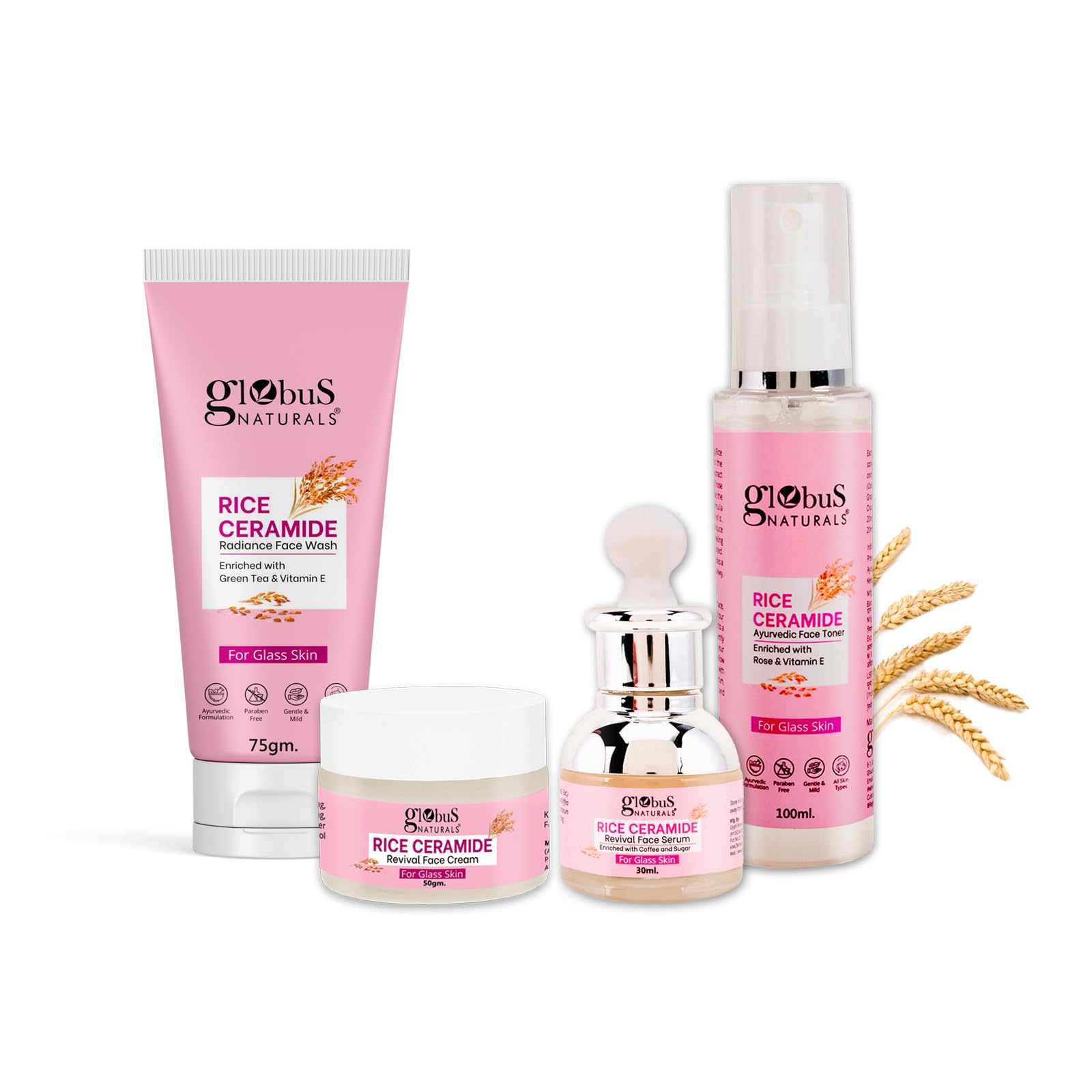 Ceramide Glow Rice Radiance Combo For Korean Glass Skin, Set of 4 - Face Wash, Face Cream, Face Serum, Face Toner