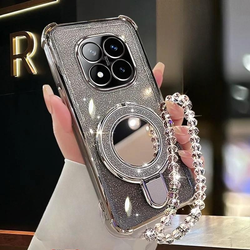 For Xiaomi Redmi Note 14 13 13R 12 11 10 9 9S 8 Pro Plus 4G 5G Case Glitter Plating Mirror Magnetic Phone Holder Bracelet Cover