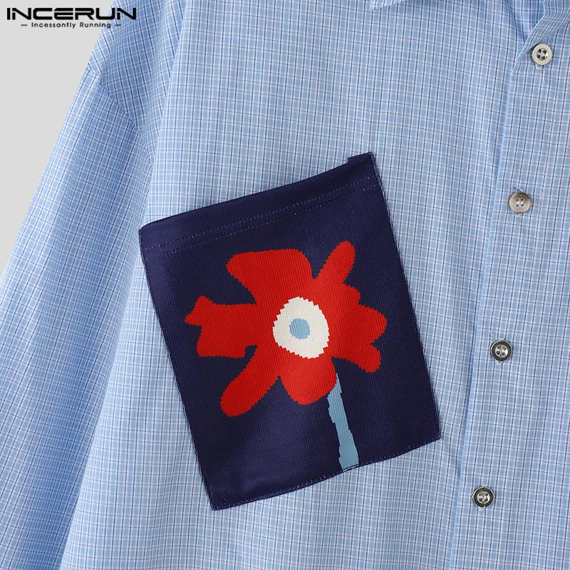 INCERUN Oversized Men Lapel Neck Long Sleeve Floral Print Plaid Casual Shirts Tops