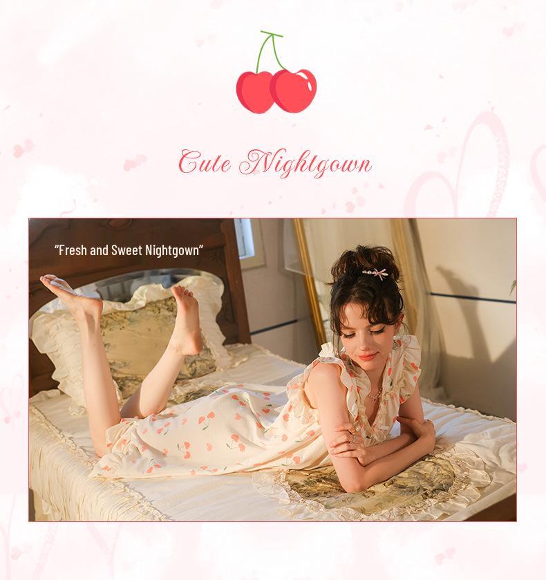 French Sweet Girl Cherry Print Sleeveless Long Cotton Nightgown