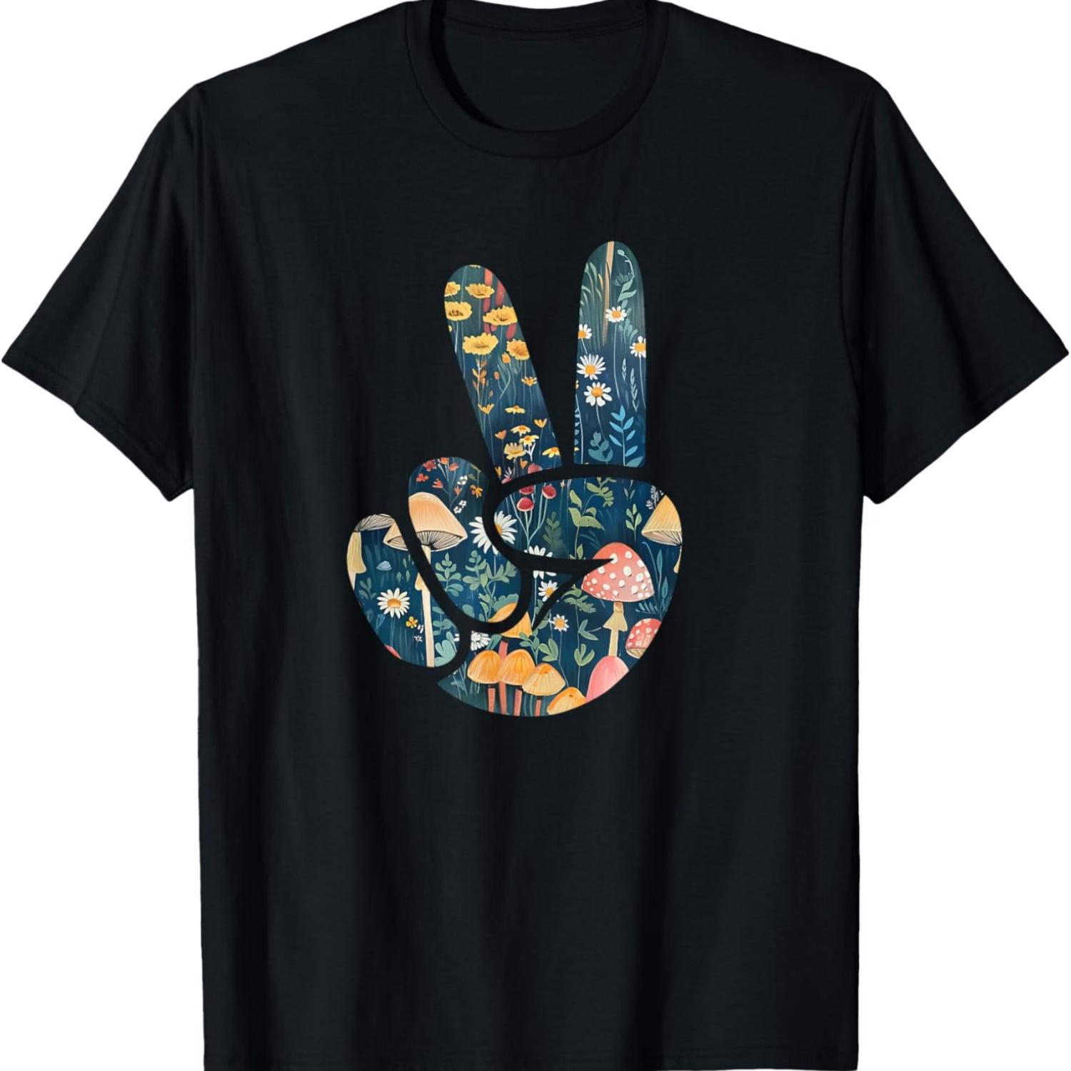 

Natural Silhouette Forest Meadow Cottagecore Peace Sign Hand T-Shirt(15) XXXXXL чорний