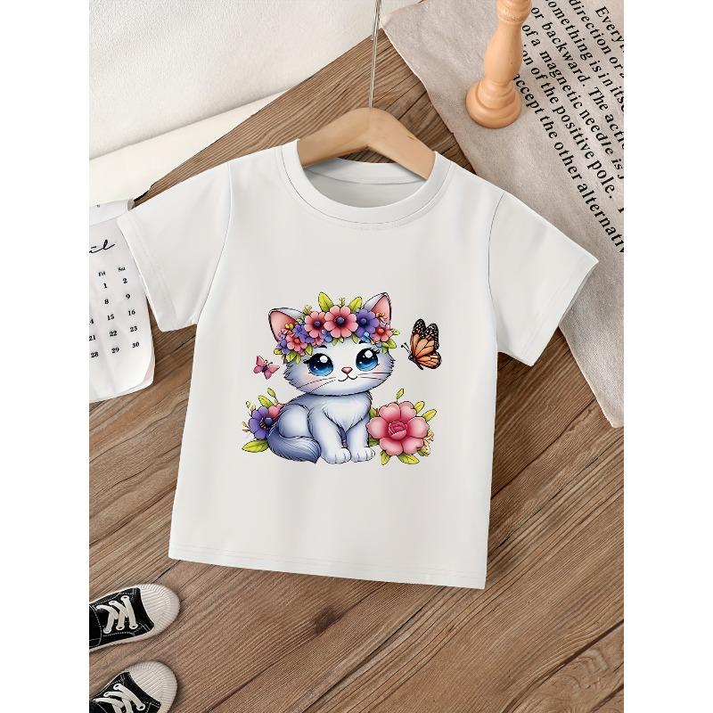 Girls Crewneck Short Sleeve T-Shirt, Floral Cat & Butterfly Print Soft Casual Tee 110