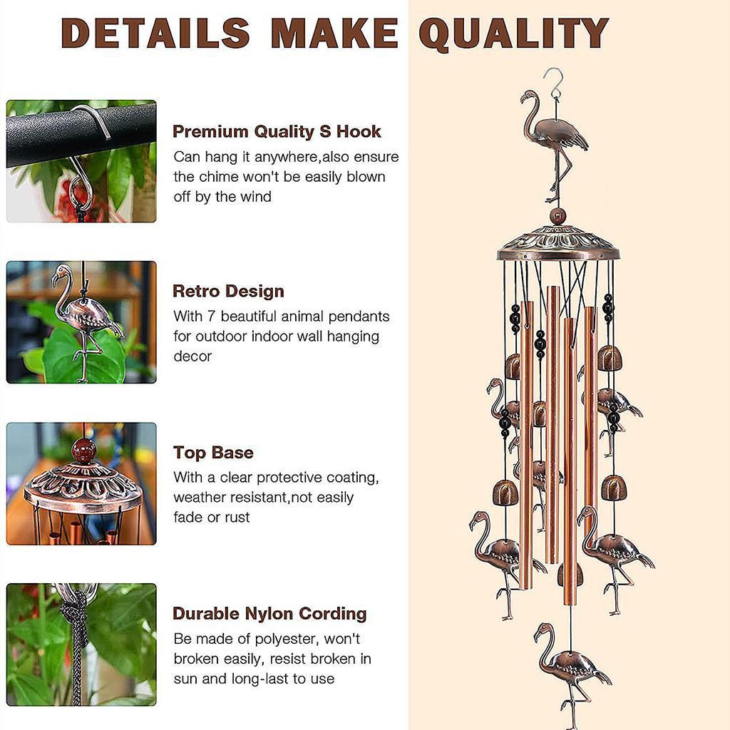 Metal Flamingo Wind Chime Outdoor Decorative Hanging Garden Ornament with Metal Tubes and Bird Figurines for Patio Porch Yard