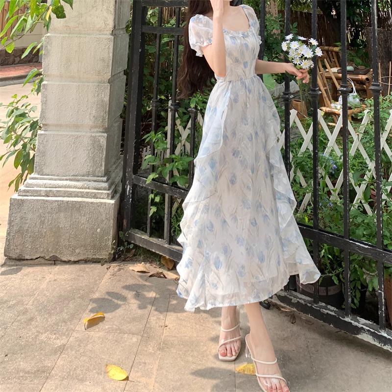 First Love Floral Chiffon Square Neck Elegant Summer Dress for Women, Plus Size, Waist-Cinched, Slimming, and Fairy Long.