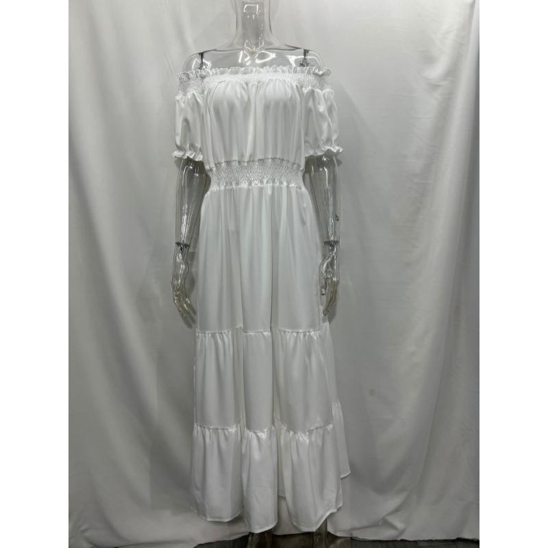 Off Shoulder Maxi Dress Short Sleeve Smocked Elastic High Waist Tiered Ruffle Flowy A-Line Casual Beach Vacation Daily Wear Solid Color Long Dress
