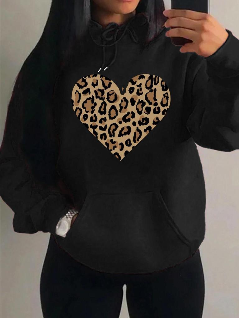 Women's Loose Leopard Heart Print Fleece Hoodie