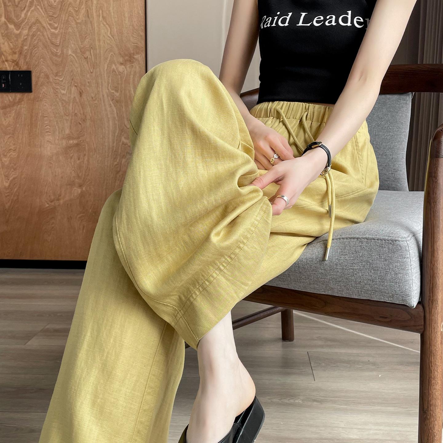 

Summer 2026 Women s Yellow Wide-Leg Pants: Ice Silk Lyocell Linen Blend Medium жовтий
